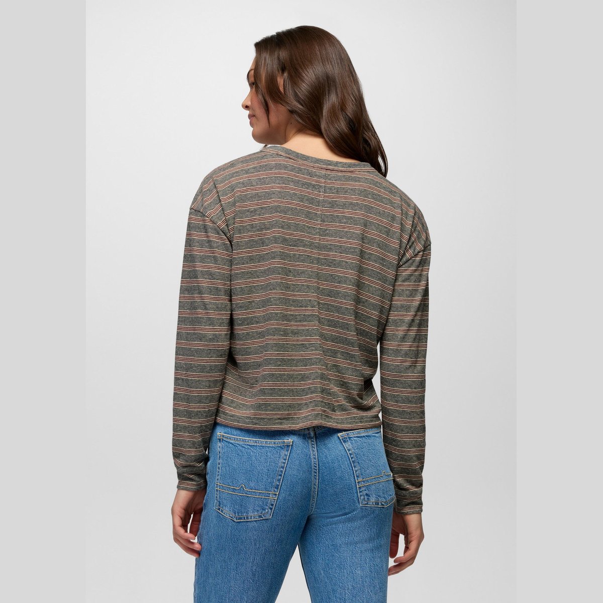 Prana Cozy Up Maglia Maniche Lunghe Donna – Cacao Stripe, indossato retro