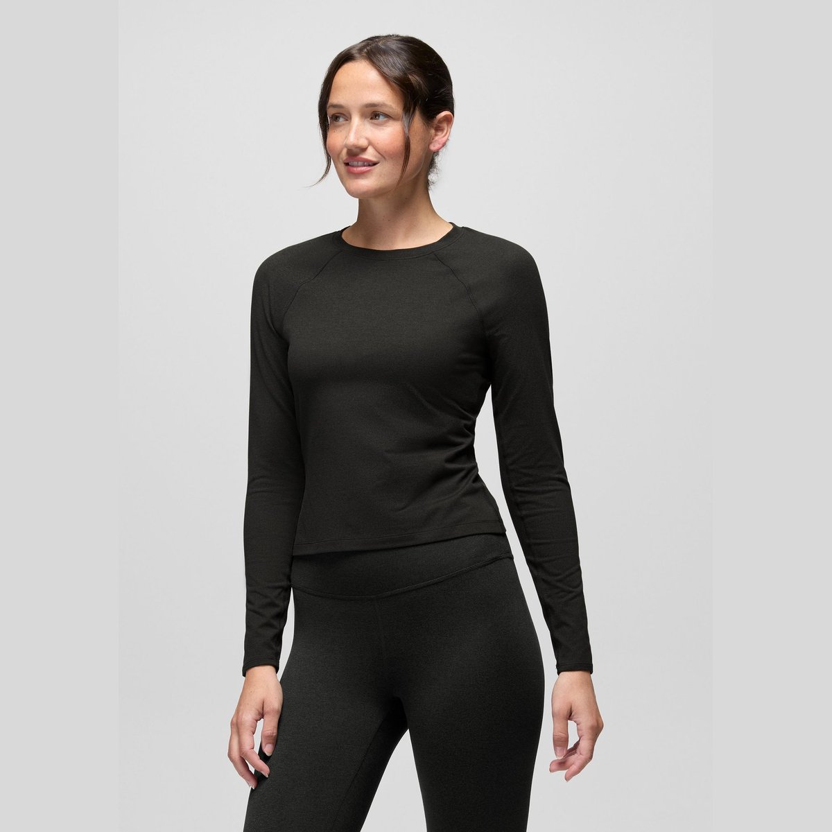 Prana Heavana Maglia Maniche Lunghe Donna – Black Heather, indossato frontale